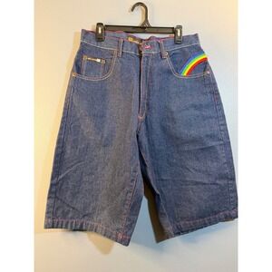 Noiz Jeans Mens Baggy Denim Shorts Size 34 Rainbow Embroidery Y2K Streetwear Blu